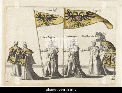 Teil der Parade, nein 21, 1619 drucken fünf Teilnehmer der Parade, ein Pferd und die imperialen Banner. Teil der Druckserie der Trauerprozession von Kaiser Karel V. am 29. Dezember 1558 in Brüssel. Südholland Papierätzung / Gravurcortege, Trauerprozession Stockfoto