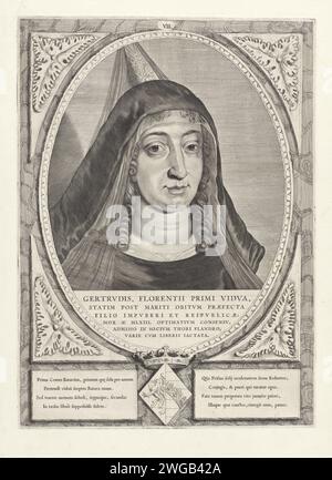 Porträt von Geertruida van Saksen, Cornelis Visscher (II), 1650 gedruckt Geertruida van Saksen, Gräfin von Holland. Sie war Regentin während der Minderheit von Dirk V. der Rahmen war mit dem Wapen van Holland verziert. Haarlem Papiergravur / Ätzschleier Stockfoto