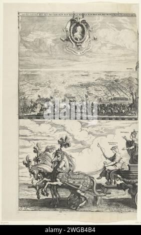 Triumphwagen von Kallo (linke Hälfte); Einzug Ferdinands in Antwerpen 1635 (Nr. 43), 1639 - 1641 drucken der Triumphwagen von Kallo, der am 21. Juni 1638 zur Feier des Sieges der spanischen Armee über die Staatsarmee in Fort Kallo gebaut wurde und im jährlichen Ommegang eingesetzt wurde. Mit den vier-in-Hand-Pferden und den ersten allegorischen Figuren auf dem Wagen. Oben links ein hängender Teppich mit einer Darstellung der Schlacht und einem Porträt von Ferdinand. Ich habe die Hälfte einer Aufführung in zwei Magazinen. Seite Nr. 43 in insgesamt 43 Platten, die die Veröffentlichung der Beschreibung des Kardinals veranschaulichen Stockfoto