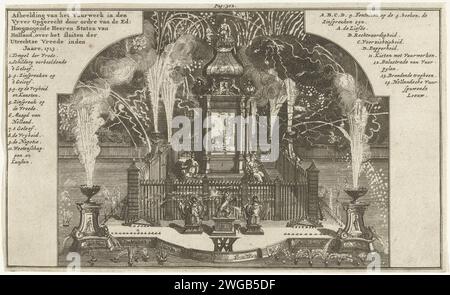 Feuerwerk bei der Friedensfeier von Utrecht, 1713, 1713 – 1714 Druckgerüst mit Feuerwerk der Staaten Holland und Westfriesland im Hofvijver in den Haag bei der Friedensfeier von Utrecht, 14. Juni 1713. Auf beiden Seiten der Ausstellung sind Titel und Legende in Niederländisch zu sehen. In der Mitte markiert: Seite: 302. Nordholland Papierätzung Lagerfeuer, Feuerwerk (+ Beleuchtung, Feuerwerk  festliche Aktivitäten) Hofvijver Stockfoto