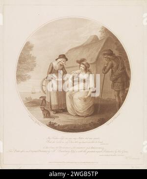 Auld Robin Gray, Francesco Bartolozzi, nach Henry William Bunbury, 1783 Print Scene from Auld Robin Gray. Eine junge Frau sitzt auf einem Stuhl und sieht traurig aus. Neben ihr ist eine alte Frau. Auf der rechten Seite ist ein Mann. Im Hintergrund Schiffe auf See. Londoner Papier, das alte Frau ätzt. Erwachsene Frau Stockfoto