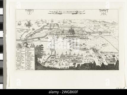 Die Belagerung von Haarlem, 1572-1573, 1739 Print Überblick über die Belagerung der Stadt Haarlem mit der Umgebung in einer knappen Perspektive. Im Vordergrund der Armeeplatz der spanischen Truppen am Ter Kleef Haus. Unten links eine Kartusche, die von einem jungen Mann mit der Legende 1-24 auf Niederländisch angehalten wurde. Oben ein Banner mit dem Titel, oben links eine Waffe mit einem verdorbenen Baum und oben rechts die Waffe von Haarlem. Druckerei: NetherlandsAfter Druck von: Northern NetherlandsAfter Design by: Haarlem Papierätzung / Gravur Victory, Position war Haarlem Stockfoto