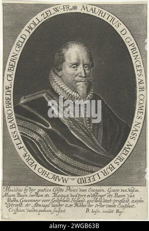 Porträt von Prinz Maurits, Crispijn van den Queborn, 1614–1652 Druck Porträt von Maurits (1567–1625), Prinz von Orange. Sein Name und seine Titel sind am Rande. Der Haager Papierstich Stockfoto