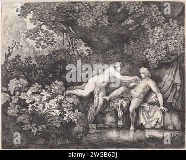 Salamacis en hermaphroditus, Moses Van Wtenbrouck, 1600–1647 Druck die Nymphe Salmacis erstreckt sich auf Hermaphroditus, der versucht, sie abzuwehren, bevor sie ihn umarmt und nach dem Mythos zu einer zweibeinigen Kreatur verschmelzen würde. Sie sind am Rande eines Waldsees. Szene aus Ovidius ’Metamorphosen (mit. II, 341-357). Die Haager Papierätzung / Gravurgeschichte von Hermaphroditus und Salmacis. Hermaphroditus und Salmacis verwandelten sich in einen Hermaphroditen: Beim Gebet der Brunnennymphe Salmacis, die den Bade-Hermaphroditus eng umfaßt, verschmelzen ihre Körper (Ovid, Metamorphoses Stockfoto
