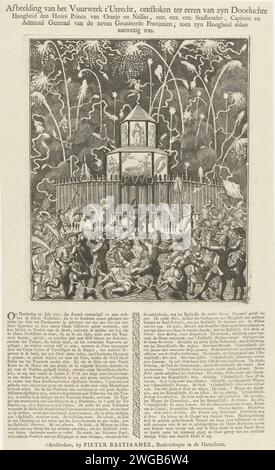 Feuerwerk in Utrecht zu Ehren von Wilhelm IV., 1747, 1747 Print Feuerwerk brach in der Neude in Utrecht auf, die von den Studenten der Universität Utrecht in Auftrag gegeben wurde, um die Ernennung von Prinz Wilhelm IV. zum Stadhouder der Republik und seinen Besuch in Utrecht am 27. Juli 1747 zu würdigen. Auf dem Magazin unter dem Album eine Beschreibung der Ereignisse in zwei Spalten. Nordholland Papierätzung / Buchdruck Lagerfeuer, Feuerwerk (+ Beleuchtung, Feuerwerk  festliche Aktivitäten) Neude. Utrecht Stockfoto