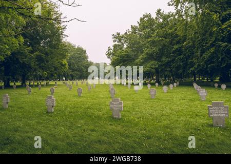 Panoramablick auf Gräber auf dem deutschen Kriegsfriedhof in Bastogne, die meisten der Beerdigten starben während der Ardennenschlacht Stockfoto