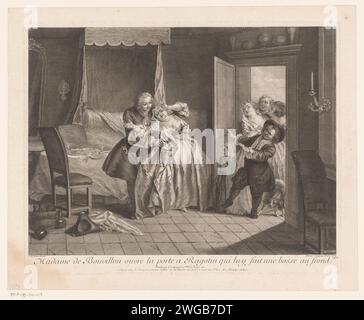 Madame de Bouvillon öffnet die Tür für Ragotin, Pierre Louis Surugue, nach Jean Baptiste Francois Pater, 1735 Printverlag: ParisFrance Papierätzung / Gravur Comedy Stockfoto