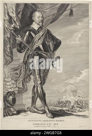 Gustaaf II. Adolf, König von Schweden, Cornelis Visscher (II), 1650 gedrucktes Porträt von Gustaaf II. Adolf, König von Schweden, herausragend. Am Ende eines Reiterkampfes. Haarlem Papier Gravur / Ätzkampf. Rüstung Stockfoto