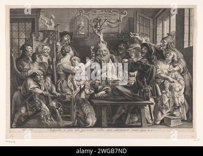 De Koning Drinks (drei Könige), Paulus Pontius, nach Jacques Jordaens, 1616 - 1657 drucken in einer Abreise feiert eine überschwängliche Gruppe von Epiphanien. Männer, Frauen und Kinder essen, trinken und singen. In der Mitte hebt der "König", ein feiner Mann mit königlicher Papierkrone auf dem Kopf, sein Glas. Eine Tafel hängt über seinem Kopf an der Wand: Nil Similius Insano Quam Ebrius (so sangen die alten Leute, der Junge quietscht). Außerdem ein Papagei in einem Vogelkäfig. Rechts wischt eine Frau einem Kind das Gesäß ab, während ein alter Mann sich die Brust schnappt. Vom Schoß seiner Mutter pinkelt ein Kind auf einen Hund am Tisch. Ein Mann muss vo Stockfoto