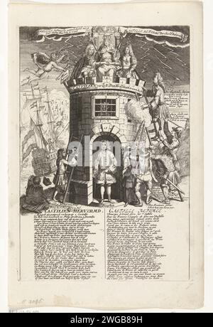 The Parties Fight for Castile, 1706, 1706 Print Cartoon on the Partys Vechting for Castile, 1706. Auf einer Burg befinden sich Karel III., der Kurfürst von Bayern und Ludwig XIV Andere versuchen, auf den Turm zu klettern. In der Bildunterschrift sind Verse auf Niederländisch und Französisch. Teil einer Serie von 19 Karikaturen über die Franzosen und Verbündeten aus dem Jahr 1706. Druckerei: Nord-Niederlande: Amsterdamer Papier, das politische Karikaturen und Satiren ätzt Castilla y León Stockfoto