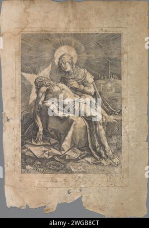 Pieta, 1596 Druck Maria mit dem verstorbenen Christus in ihren Armen, auf einem Stein sitzend. Drucken ist Teil eines Albums. Niederländische Papierstiche 'Pietà', 'Vesperbild', 'Marienklage' (keine anderen anwesend): Christus, mit oder ohne Dornenkrone, von Maria beweint. Der tote Christus in Marias Schoß Stockfoto