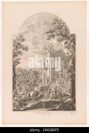 Figuren rund um ein allegorisches Grabdenkmal für Sidney Godolphin, 1. Grafen von Godolphin, Jacques-Philippe Le Bas, nach Domenico Maria Fratta, nach Francesco Monti, nach Nunzio Ferrajuoli, nach J.P. Mirando, 1737 Druck Paris Papier Gravur / Gravur Grab, Grab. Pyramide (Markierungsgrab). Opfer  nicht-christliche Religionen Stockfoto