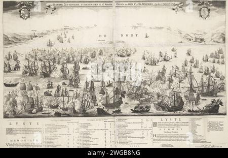 Seeschlacht in der Sont, 1658, 1659 Druck große Darstellung der Seeschlacht in der Sont, zwischen der Staatspflotte Jacob Baron van Wassenaer, Herr von Obdam, und der schwedischen Flotte unter Admiral Carl Gustaf Wangel, 8. November 1658. Zentral der Kampf, links in der Ferne Kronenborg Castle. An der Spitze der Waffen Schwedens und Dänemarks. Am unteren Rand von sechs Textspalten mit Listen der niederländischen Toten und Verletzten pro admiralität und Kommandant und einer Liste der verlorenen schwedischen Schiffe. Präsentation bestehend aus zwei Platten der Seeschlacht, über denen zwei Platten der Landschaft hinzugefügt wurden. Druckm Stockfoto