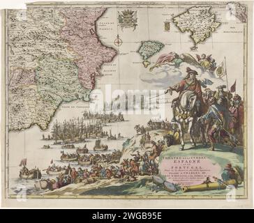 Karte von Spanien und Portugal, CA. 1703, Jan Luyken, 1703 Karte drucken mit Teil der spanischen Ost- und Südküste. Teil (Blatt unten rechts) einer großen Karte von Spanien und Portugal in vier Magazinen, ca. 1703. Vignette mit König Karl III. Zu Pferd, mit seinem Gefolge, einem Spanier für ihn. Links die Landung der alliierten Streitkräfte in Spanien. Faam bläst auf ihre Trompete in den Wolken. Amsterdamer Papier zum Ätzen/Gravieren von Karten verschiedener Länder oder Regionen. Kriegsführung; militärische Angelegenheiten (+ Landung, Ausschiffung der Streitkräfte) Spanien. Wal Stockfoto