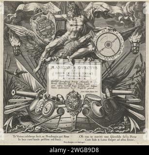 Jupiter und ein Kriegsschiff mit der Waffe von Alessandro Farnese, Johann Sadeler (I), nach Maerten de Vos, drucken 1585 Ein Kriegsschiff, das mit den Waffen von Alessandro Farnese dekoriert ist. Auf dem Boot ein Sockel mit dem Titel der Pressereihe. Auf dem Sockel befindet sich Jupiter mit seinem Adler, dem Wappen Philipps II. Und einer Himmelskarte in den Händen. Der Titeldruck einer Pressereihe über den Einfluss der Planeten auf Regionen. Ein lateinisches Lob am Rande. Antwerpener Papiergravur der Menschheit, die von den Planeten beeinflusst wurde, einschließlich Sonne und Mond; „Planetenkinder“. Titelseite. (Geschichte) Jupiter (Zeus). Versand (Zoll Stockfoto