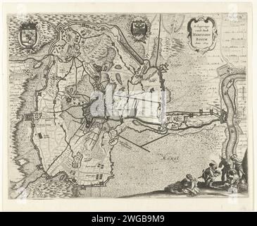 Karte der Belagerung von den Bosch durch Frederik Hendrik, 1629, 1649 - 1651 drucken Karte der Belagerung von den Bosch durch die Landesarmee unter Frederik Hendrik, vom 1. Mai bis 17. September 1629. Karte von den Bosch und Umgebung mit der Umgebung der Stadt, rechts Crèvecoeur an der Maas. Oben links das Wappen Frederik Hendriks, in der Mitte die Waffe der Stadt. Soldatenkarten unten rechts. Oben rechts markiert, Abb. 9 fol 89. Nordniederländische Papierätzkarten für separate Länder oder Regionen. Belagerung, Position war den Bosch. Crèvecoeur Stockfoto