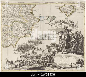 Karte von Spanien und Portugal, CA. 1703, Jan Luyken, 1703 Karte drucken mit Teil der spanischen Ost- und Südküste. Teil (Blatt unten rechts) einer großen Karte von Spanien und Portugal in vier Magazinen, ca. 1703. Vignette mit König Karl III. Zu Pferd, mit seinem Gefolge, einem Spanier für ihn. Links die Landung der alliierten Streitkräfte in Spanien. Faam bläst auf ihre Trompete in den Wolken. Amsterdamer Papier zum Ätzen/Gravieren von Karten verschiedener Länder oder Regionen. Kriegsführung; militärische Angelegenheiten (+ Landung, Ausschiffung der Streitkräfte) Spanien. Wal Stockfoto