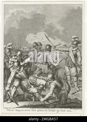Tod von Charles de Boisot, 1575, 1785 Druck Tod von Charles de Boisot auf dem Schlachtfeld während einer Schlacht mit Mondragon, 29. September 1575. 17. Gesang. Druckerei: Northern Netherlandspublisher: Amsterdampublisher: Amsterdampublisher: Amsterdampublisher: Amsterdam Paper Radiching Dying. Kampf, Kampf im Allgemeinen Stockfoto