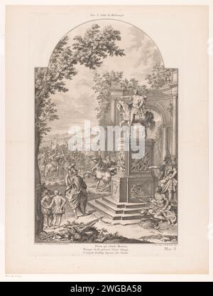 Figuren rund um ein allegorisches Grabdenkmal für John Churchill, 1. Herzog oder Marlborough, Laurent Cars, nach Domenico Maria Fratta, nach Donato Creti, nach Nunzio Ferrajuoli, nach J.P. Mirando, 1735 - 1741 Druck Paris Papiergravur Grabgrab, Grabgrabgrabstätte. Reiterstatue Stockfoto