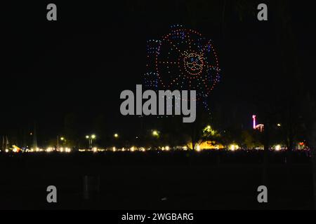 LEON, MEXIKO - 3. FEBRUAR. Drohnenausstellung nach der Vorstellung der Backstreet Boys DNA World Tour während der Feria de Leon 2024 im Explore Science Park am 3. Februar 2024 in Leon, Mexiko. (Quelle: JVMODEL/Alamy Live News Stockfoto