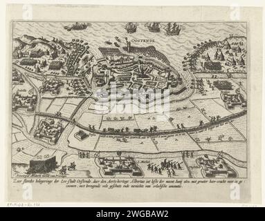 Belagerung von Ostend, 1601-1604, 1601-1603, Belagerung von Ostend. Plan der Stadt mit dem umliegenden Land mit allen Verteidigungs- und Armeelagern der Belagerer. Belagerung Ostends durch die spanische Armee unter Albertus und später unter Spinola von 1601 bis 1604. Mit Unterschrift von 2 Zeilen auf Niederländisch. Druckerei: Südhollandspublisher: Antwerpener Papierätzer Sieg, Position war Oostende Stockfoto