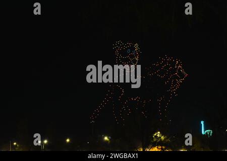 LEON, MEXIKO - 3. FEBRUAR. Drohnenausstellung nach der Vorstellung der Backstreet Boys DNA World Tour während der Feria de Leon 2024 im Explore Science Park am 3. Februar 2024 in Leon, Mexiko. (Quelle: JVMODEL/Alamy Live News Stockfoto