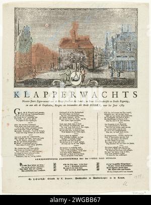 Neujahrsersatz der Hoornse Klapperwacht für das Jahr 1789, 1788 Neujahrsdruck in der Klapperwacht der Stadt Hoorn für das Jahr 1789. Gewidmet den Administratoren und Bewohnern von Hoorn. Zwei Mitglieder der Wache stehen in einem Oranjeboom mit dem Wapen van Hoorn, im Hintergrund der Platz de Roode Steen in Hoorn mit dem alten Rathaus, der Waag und dem StatenCollege. Auf dem Magazin unter der Show eine Strophe in drei Spalten mit einem Lied in drei Spalten unten. Hoorn (Nordholland) Papier Buchdruck Nachtpatrouille Hoorn (Nordholland). Waag (Ho Stockfoto