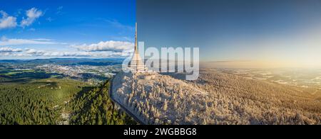 Jested Mountain mit modernem Hotel und TV-Sender auf der Spitze, Liberec, Tschechische Republik. In Wolken bauen. Luftaufnahme von der Drohne. Zwei Jahreszeiten Stockfoto