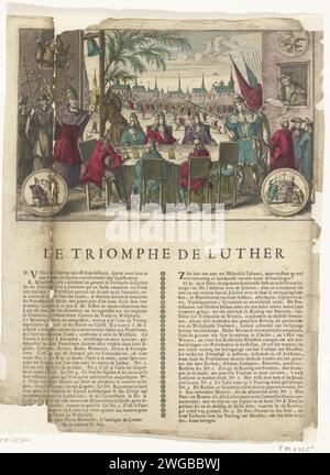 Triomf Van Luther, 1707, 1707 Print Triumph of Luther, ca. 1707. König Karl XII. Von Schweden setzt sich für die Wiederherstellung der Rechte der Lutheraner gemäß der Altranstädter Konvention von 1707 ein. Der König steht an der Spitze eines Tisches, auf dem die Konvention unterschrieben ist, und weist auf sein Schwert auf einen wütenden Papst auf der linken Seite des Tisches. Auf der rechten Seite sieht Martin Luther lächelnd aus einem Fenster. Unter der Platte 2 Spalten Text in Französisch und Niederländisch. Cartoon über den Papst und die römische Kirche. Nordniederländische Papierätzung / Buchdruck politische Karikaturen und Satiren. Signatur von Stockfoto