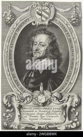 PortraT van Jobst Christoph Kress von Kressenstein, Cornelis Galle (II), nach Anselm van Hulle, nach 1649 Druck Portrait von Jobst Christoph Kress von Kessenstein, in Ovaal mit Randschrift. Über dem Porträt die Waffe Nürnbergs, unter dem Familienwappen von Kress von Kessenstein. Druckerei: Antwerpprint Hersteller: Südholländische Papiergravur Stockfoto