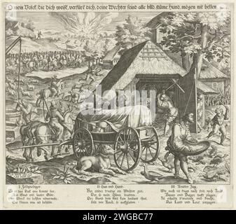 Allegory on war, Johann Sadeler (I), nach Jost Amman, 1579–1595 Druck der Druck besteht aus drei separaten Aufführungen. Im Hintergrund brennt eine Stadt und ein Herrscher sieht seine Truppen. Eine Farm wird im mittleren Plan geplündert, die Rinder werden getötet und die Wasserbrunnen geleert. Im Vordergrund bewachen ein Hund und ein Hahn einen Wagen mit Räuberboden anstelle der Farm. Im Vordergrund stehen die Soldaten, die die Arbeit der Bauern stellen: Ein Soldat streut Getreide für die Hühner, ein junger Knabe tötet eines der Hühner und zwei Soldaten stießen das Getreide. Der Druck hat eine deutsche Inschrift, die es gab Stockfoto