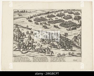 Heinrich IV. Trifft auf die Armee des Herzogs von Parma in Aumale, 1592, 1592 – 1594 Druck Heinrich IV. Trifft auf die Armee des Herzogs von Parma in Aumale, 6. Februar 1592. Der König wird bei dieser Begegnung verletzt. Mit 12 Zeilen auf Deutsch. Nicht Nummeriert. Papier mit roten Kanten. Kölner Papierätzkampf, Kampf im Allgemeinen Almond Stockfoto