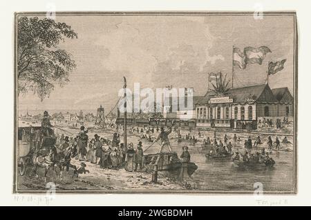 Initiierung der Eisenbahnstrecke zwischen Amsterdam und Haarlem, 19. September 1839, Anonym, 1839 Print feierliche Initiierung der ersten niederländischen Eisenbahnstrecke zwischen Amsterdam und Haarlem der Hollandschen IJzeren Spoorweg-Maatschappij am 19. September 1839. Die Lokomotive trug die Bezeichnung „de Speed“ mit sechs Personenwagen für den d’a 100 Reh-Bahnhof, in der Mitte die Haarlemmertrekvaart, im Vordergrund links Zuschauer. Niederlande Papier-Litho-Ätzen Personenzug. Festlichkeiten zu Ereignissen von nationaler Bedeutung. Dampflokomotive Haarlemmertrekvaart. Station d'a 100 Reh Stockfoto