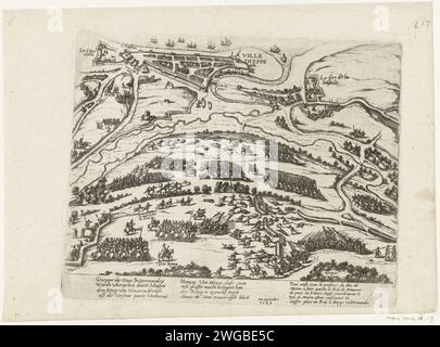 Dieppe befreit von Hendrik IV., 1590, 1590 – 1592 Drucke die belagerte Dieppe entlastet von Hendrik IV., 11. Februar 1590. Die Schlacht im Vordergrund, in der Ferne eine Karte der Stadt Dieppe in einer knappen Perspektive. Aktion zum Ausdruck vom November 1589. Mit 8 Zeilen auf Deutsch und 5 Zeilen auf Französisch. Nicht Nummeriert. Spiegelbild Kopie oder Wiederholung auf dem Druck von Hogenberg. Blatt von einem Album, das auseinandergenommen wurde. Rechts oben (in Pen) nummeriert: 217. Kölner Papierätzkampf, Kampf im Allgemeinen Dieppe Stockfoto
