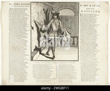 Philipp V. Flucht vor dem spanischen Hof, 1706, 1706 Druck Philipp V., Herzog von Anjou, König von Spanien nur auf Papier, flüchtet mit der Führung der Krone aus dem spanischen Königspalast, 1706. Mit seinem Dolch zerstört er einen Wandteppich. Mit Versen in Niederländisch und Französisch auf der Zeitschrift auf beiden Seiten und unter der Platte. Teil einer Serie von 19 Karikaturen über die Franzosen und Verbündeten aus dem Jahr 1706. Druckerei: Northern Netherlandspublisher: Amsterdam Papierätzung / Buchdruck politische Karikaturen und Satiren. Kunst (+ durch Ikonoklasma geschädigtes Kunstwerk) Stockfoto