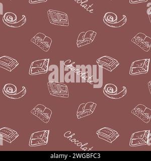 Handgezeichneter Schokoladenhintergrund auf braunem Hintergrund. Vektor-Illustration kann für Verpackung, Verpackung, Poster, Lebensmittelhintergrund verwendet werden. Stock Vektor