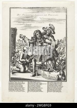 Der verstopfte Ansager von Versailles, 1692, 1692 drucken den verstopften Ansager von Versailles. Cartoon über den französischen König Ludwig XIV. Als Stadtsprecher. Der König hat die Nachricht von der Niederlage in der Seeschlacht am Kap La Hogue satt, wo die Franzosen vom 29. Mai bis 3. Juni 1692 unter Admiraal de Tourville von der englischen und holländischen Flotte unter den Admiralen Russel und Almonde besiegt wurden. Ein lächelnder Engländer und Hollander wollen, dass er sich mit einem Topf übergeben und ein Wolkenspray heilen kann. Im Vordergrund ein Hund mit der langen Liste der Namen der verbrannten französischen Schiffe, im Hintergrund die Seeschlacht. Bei Stockfoto