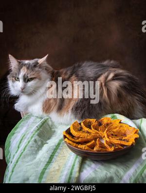 Stillleben mit kandiertem Kürbis und einer neugierigen Katze Stockfoto