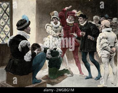 Vintage-Gravur einer Szene aus Francois Rabelais Gargantua und Pantagruel. Die Spiele von Gargantua, Jeu du Chapifou. Stockfoto