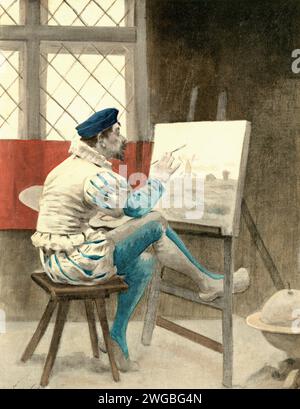 Vintage-Gravur einer Szene aus Francois Rabelais Gargantua und Pantagruel. Die Spiele von Gargantua, Bilder malen Stockfoto