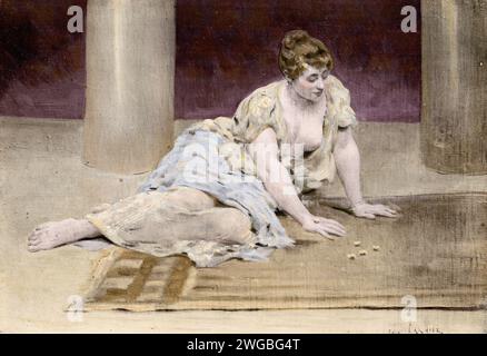 Vintage-Gravur einer Szene aus Francois Rabelais Gargantua und Pantagruel von Jules Garnier. Wie Gargantua seine Zeit bei regnerischem Wetter verbrachte. Buch 1 Kapitel XXIV. Revocquoient en use l'anticque jeu des Tales, ainsi qu'en a escript Leonicus. Dann lernten sie die Kunst des Malens oder Schnitzerns, oder brachten das antike Tafelspiel in Gebrauch, wie Leonicus es geschrieben hat, und als unser guter Freund Lascaris Stockfoto