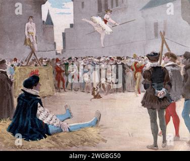 Vintage-Gravur einer Szene aus Francois Rabelais Gargantua und Pantagruel von Jules Garnier. Wie Gargantua seine Zeit bei regnerischem Wetter verbrachte. Buch 1 Kapitel XXIV. Er ging zu den Jongleuren, Tumblern, Bergbänken und Quacksalvern und betrachtete ihre List, ihre Schichten, ihre Somersaults Stockfoto