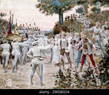 Vintage-Gravur einer Szene aus Francois Rabelais Gargantua und Pantagruel von Jules Garnier. Wie es zwischen den Kuchenbäckern von Lerne und denen von Gargantuas Land große Auseinandersetzungen und Debatten gab, worauf große Kriege geführt wurden. Buch 1 Kapitel XXV. Die Kuchenbäcker von Lerne kamen zufällig auf der breiten Autobahn vorbei und fuhren zehn oder zwölf Pferde mit Kuchen in die Stadt, die von den genannten Hirten höflich angefleht wurden, ihnen etwas für ihr Geld zu geben Stockfoto