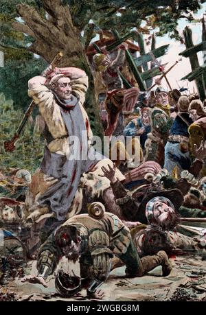 Vintage-Gravur einer Szene aus Francois Rabelais Gargantua und Pantagruel von Jules Garnier. Wie ein Mönch von Sevilla den Abschluss der Abtei davor rettete, vom Feind durchsucht zu werden. Buch 1 Kapitel XXVII. Stockfoto