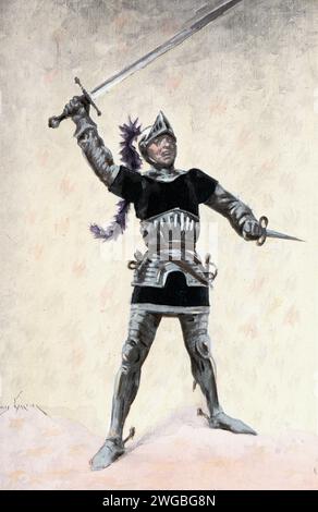 Vintage-Gravur des Ritters in Rüstung, bewaffnet mit Schwert und Dolch, eine Szene aus Francois Rabelais Gargantua und Pantagruel, von Jules Garnier. Wie Panurge die Art und Weise, wie er aus den Händen der Türken entkam, verwandelte. Pantagruel Buch 2 Kapitel XIV Mehr als sechs, ja, mehr als dreizehnhundertelf Hunde, groß und klein, kamen aus der Stadt und flogen vom Feuer weg. Stockfoto