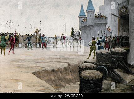 Vintage-Gravur einer Szene aus Francois Rabelais Gargantua und Pantagruel von Jules Garnier. Wie Grangousier, um Frieden zu kaufen, die Kuchen restauriert hat. Buch 1 Kapitel XXXII. Stockfoto