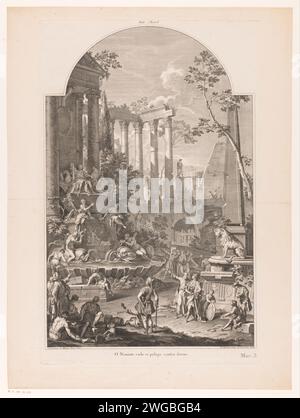 Figuren rund um ein allegorisches Grabdenkmal für Cloudsley Shovell, Nicolas Henri Tardieu, nach Domenico Maria Fratta, nach Marco Ricci, nach Sebastiano Ricci, 1735–1741 Druck Paris Papier Gravur / Gravur Grabgrab, Grabmal. Zierbrunnen. Obelisk, Nadel Stockfoto