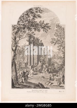 Figuren rund um ein allegorisches Grabdenkmal für Charles Sackville, sechster Graf von Dorset, Nicolas de Beauvais, nach Domenico Maria Fratta, nach Giovanni Battista Pittoni (Il Giovane), nach Giovanni Battista Cimaroli, nach J.P. Mirando, 1735 - 1741 Druck Paris Papier Gravur / Gravur Grabmal, Grabmal Stockfoto