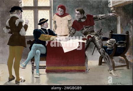 Vintage-Gravur einer Szene aus Francois Rabelais Gargantua und Pantagruel von Jules Garnier. Wie einige Staatsmänner von Picrochole ihn durch haarhirnbesonnene Anwälte in extreme Gefahr brachten. Buch 1 Kapitel XXXIII. Aber, sagte Echephron, wenn Sie zufällig nie zurückkommen sollten, denn die Reise ist lang und gefährlich, wäre es nicht besser für uns, jetzt unsere Ruhe zu nehmen, als uns unnötig so vielen Gefahren auszusetzen? Stockfoto