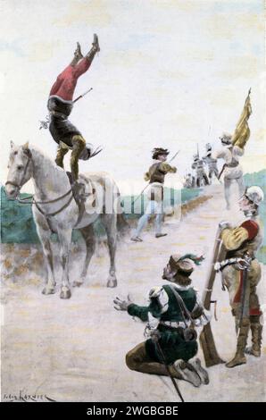 Vintage-Gravur einer Szene aus Francois Rabelais Gargantua und Pantagruel von Jules Garnier. Wie Gymnast Captain Tripet und andere von Picrocholes Männern sehr souverän und listig getötet hat. Buch 1 Kapitel XXXV. Nun, sagte Gymnast, ich habe versagt, ich werde diesen Sprung rückgängig machen. Mit wunderbarer Kraft und Wendigkeit, drehte er sich nach rechts und holte einen weiteren Gambol wie zuvor, was tat, setzte er seinen rechten Daumen auf den Hinterbogen des Sattels, erhob sich. und in die Luft gesprungen, seinen ganzen Körper auf dem Muskel und Nerv des besagten Daumens zu halten, und so drehen Sie sich Stockfoto